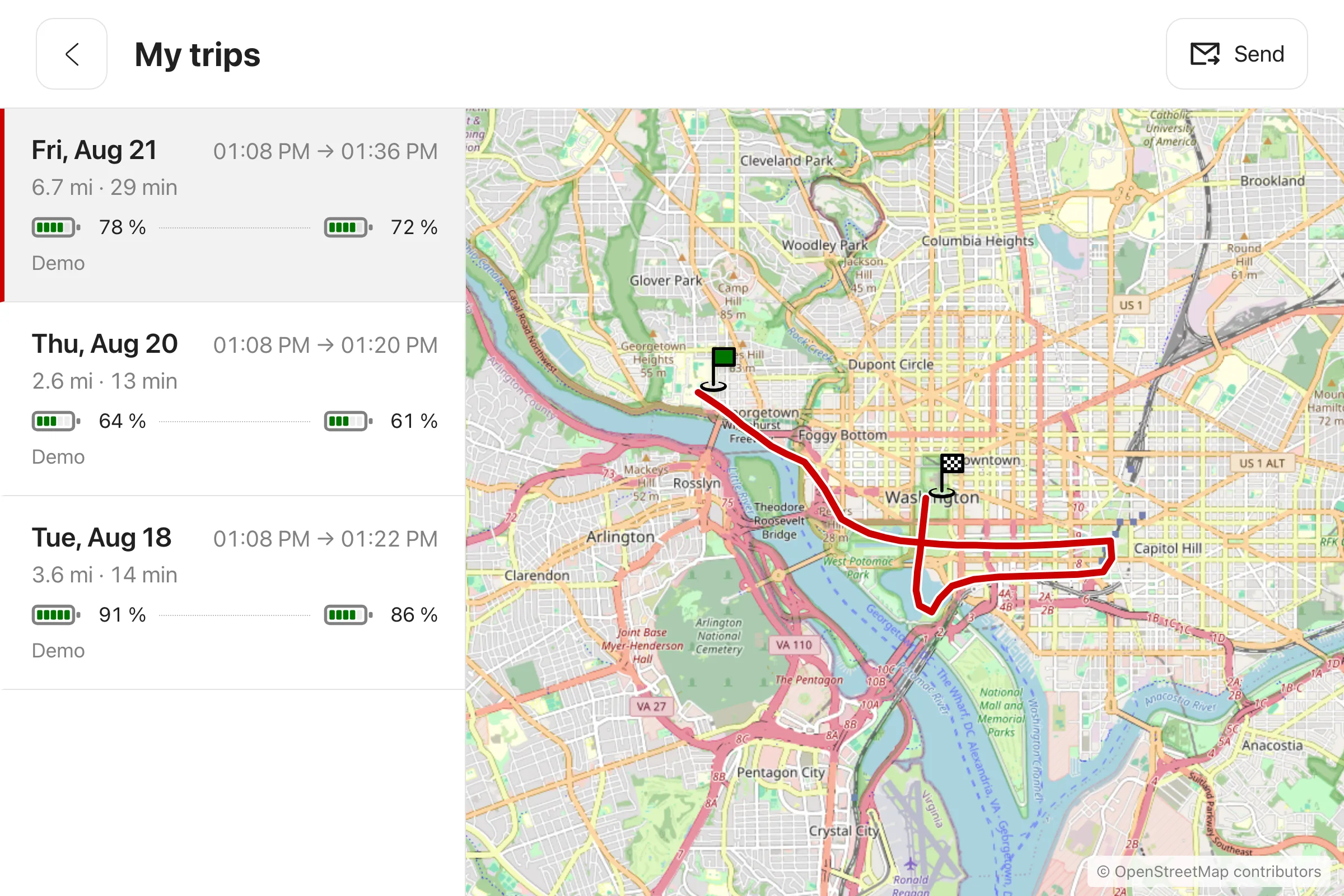 The iCar trip list, with the route drawn on a map