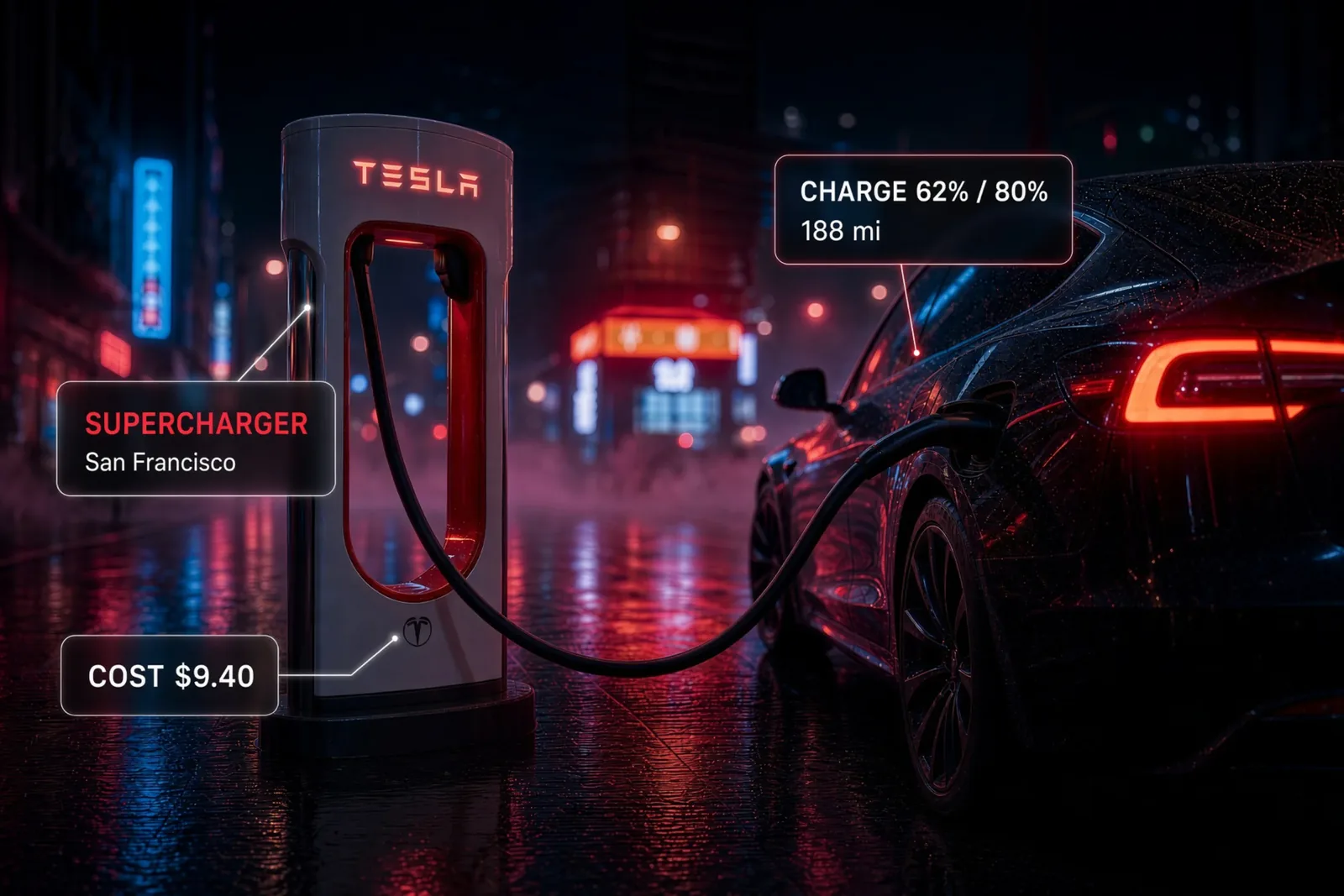 Une Tesla en charge sur un Supercharger la nuit, avec le niveau, la borne et ce que la recharge a coûté.