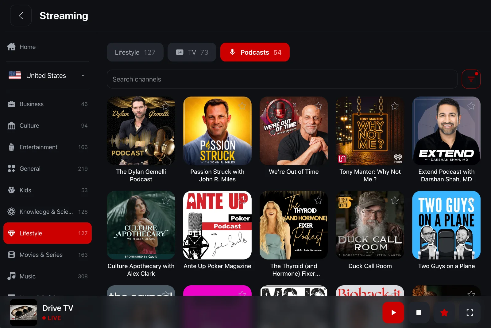 iCar's Streaming hub on a Tesla screen: categories on the left, a grid of podcasts and the player along the bottom