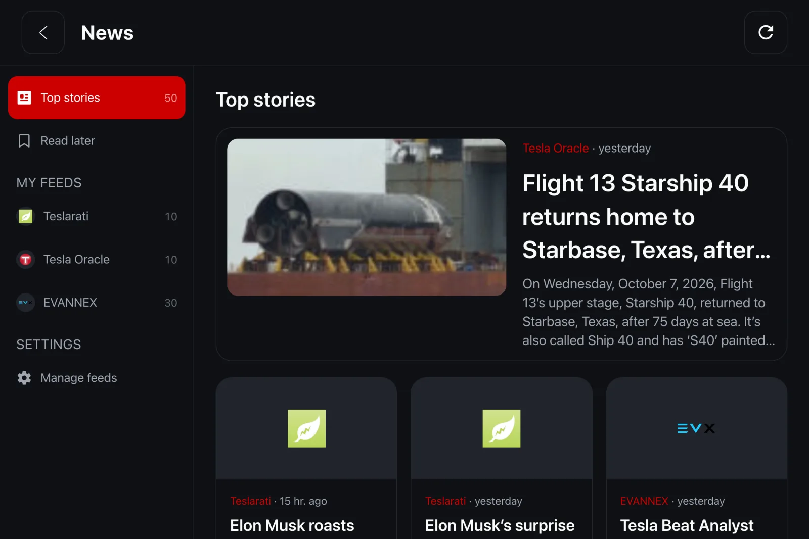 Top stories on the car's screen