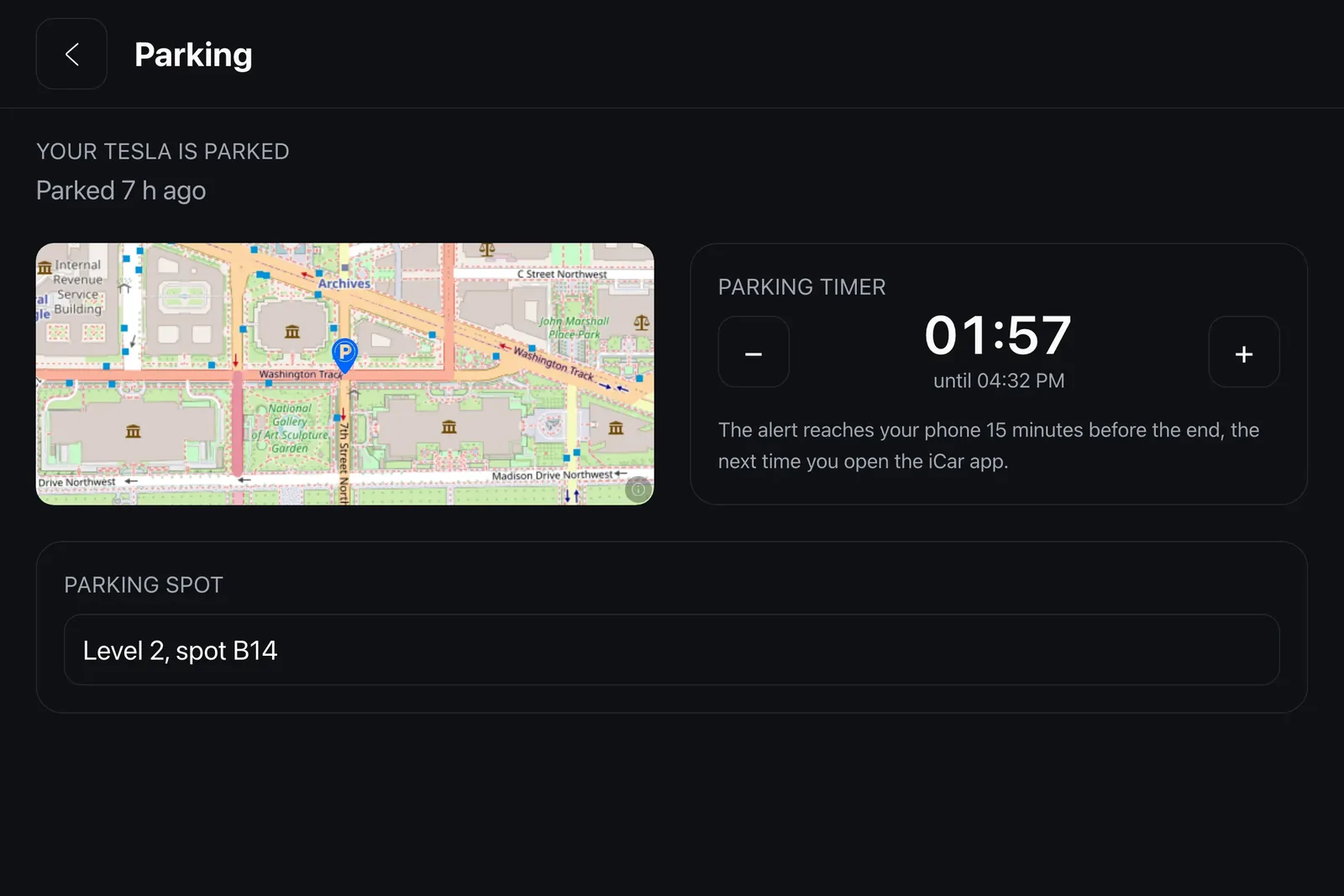 L'écran Parking : la position de la voiture sur la carte, le minuteur de parcmètre et le repère de place