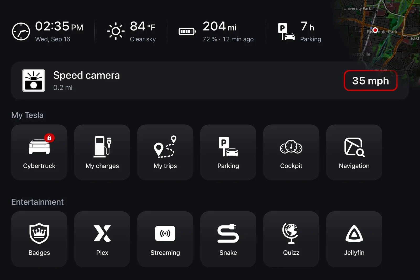 The screen's banner announces a speed camera 0.2 miles ahead, with the limit it enforces