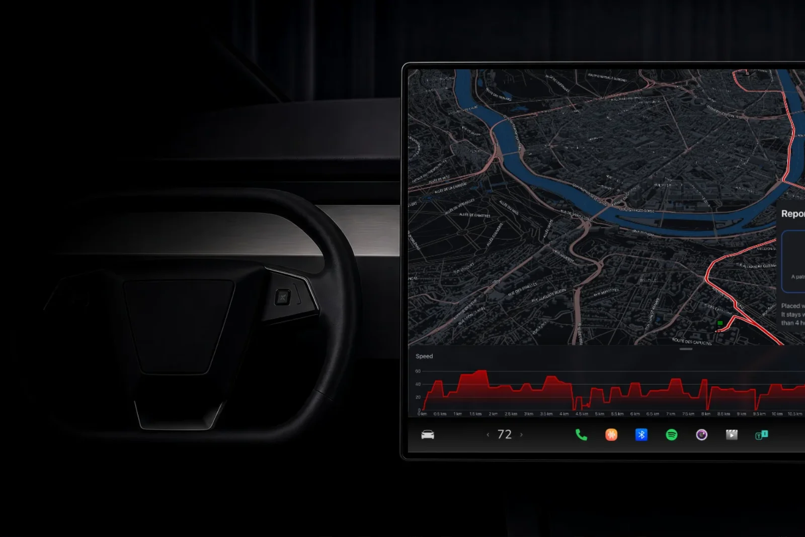 La carte d'iCar sur l'écran de la Tesla, avec la feuille de signalement d'un contrôle ou d'un accident
