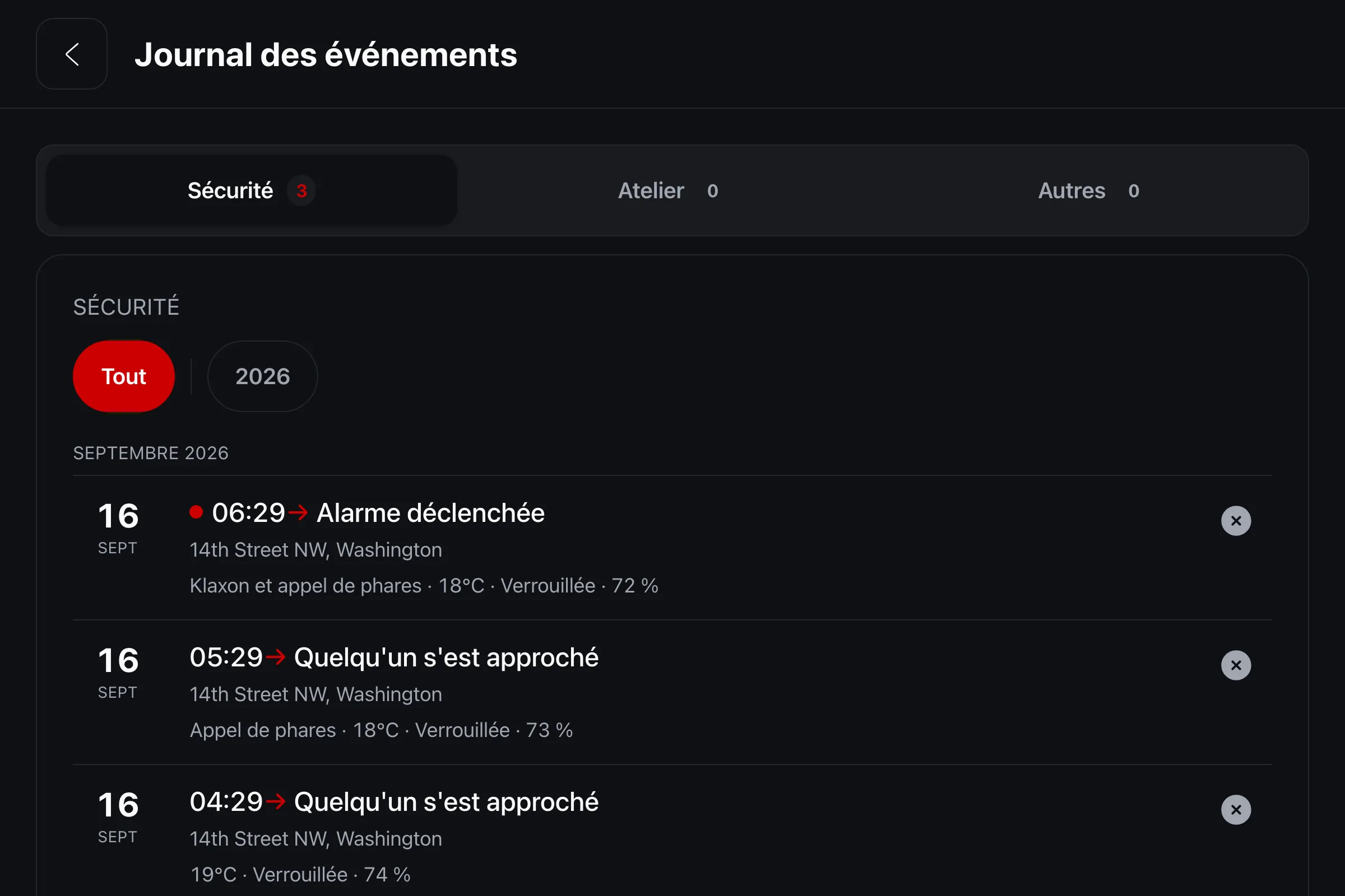 Le journal de sécurité : une alarme et deux passages, avec l'adresse, l'heure, la température et le verrouillage.