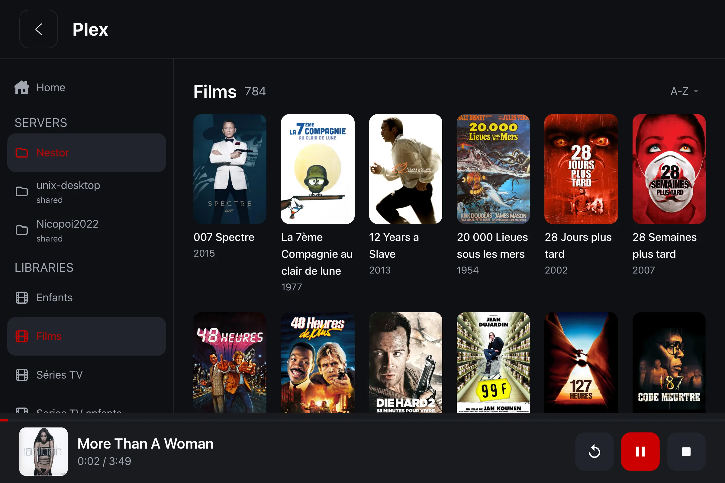 The driver's Plex library on the iCar screen: servers, folders and film posters