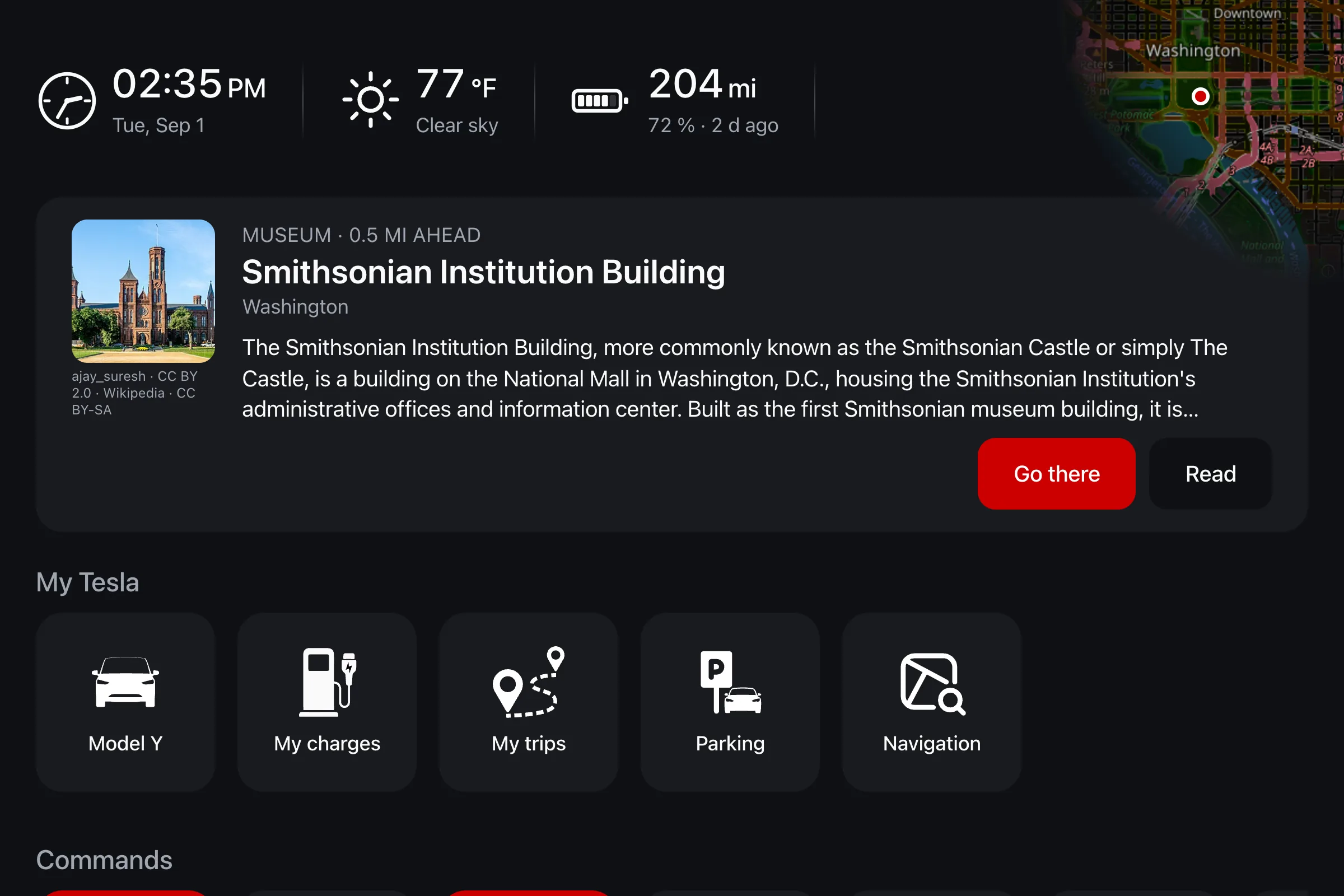 A landmark announced on the iCar screen, with its photo and summary