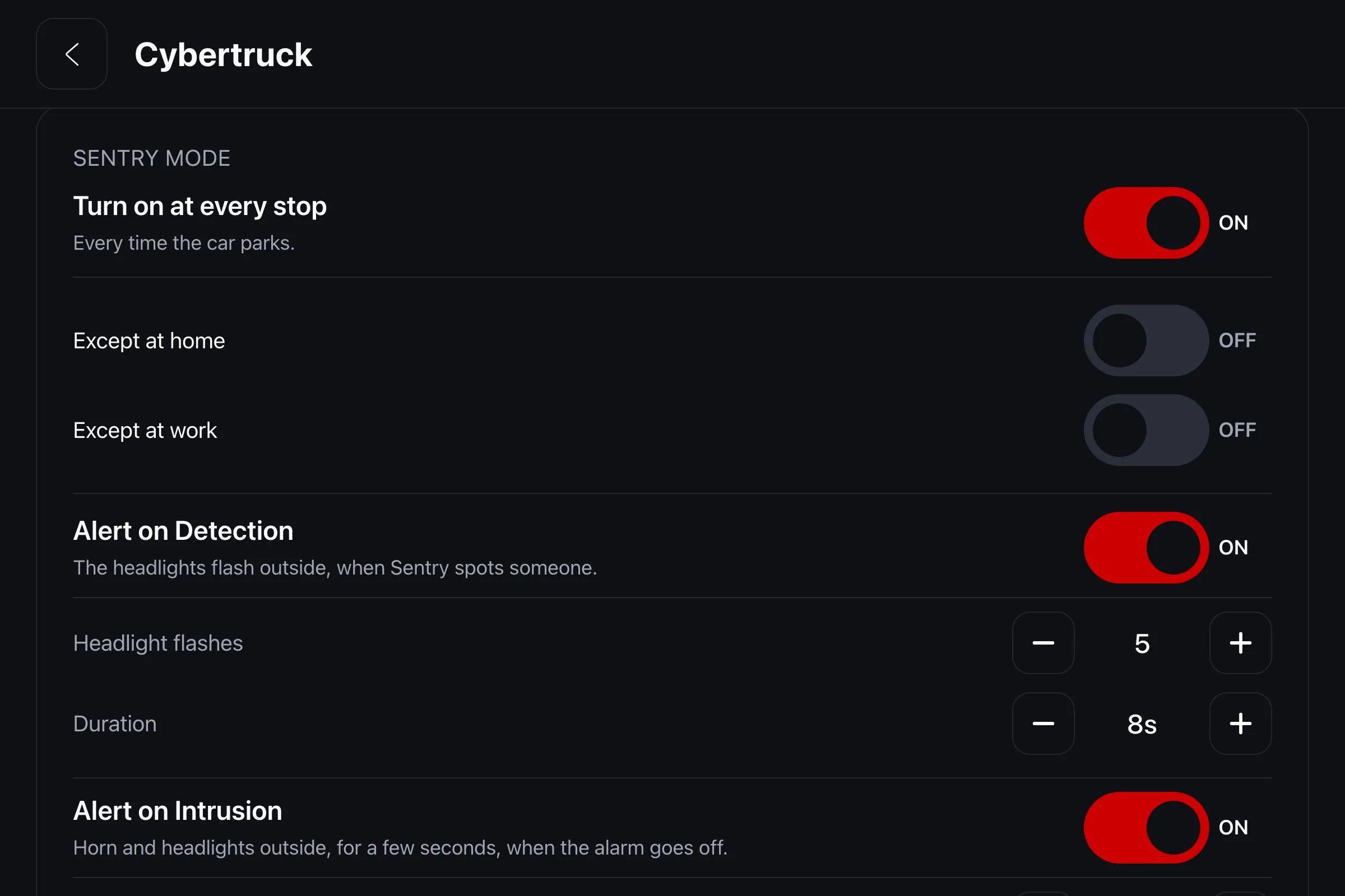 Sentry settings: arm at every stop, flash the headlights on detection, horn when the alarm goes off.