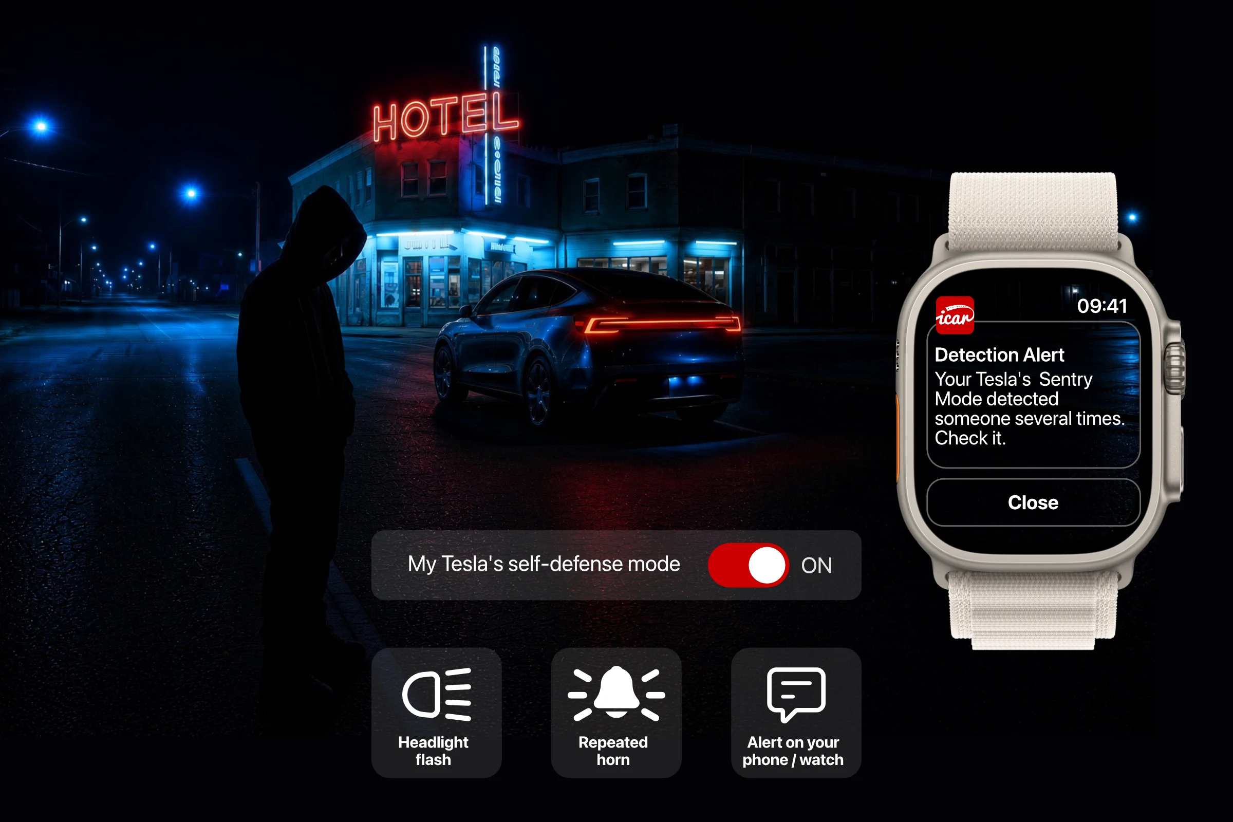 A figure approaches a Tesla at night: the headlights flash and an alert reaches the driver's watch.